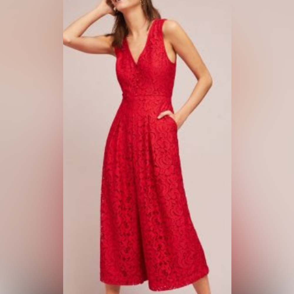 Red Anthropologie Jaeda Lace Wide-Leg Jumpsuit